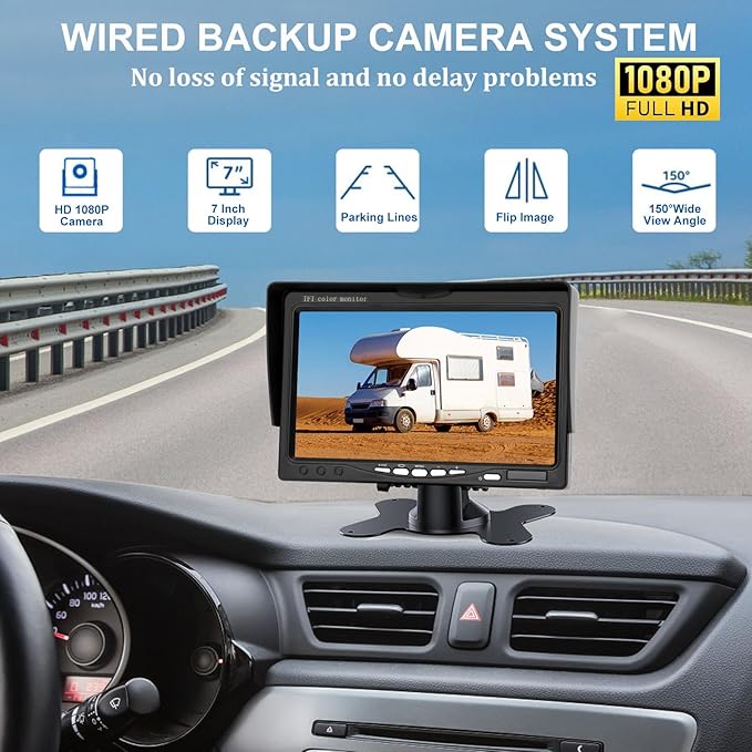 Kairiyard Dual RV Backup Camera with 7 Inch Monitor, AHD 1080P, 2 Channel, DIY Guide Lines 150 Degree Wide View Angel Wired Reverse Rear View Camera for Truck Car Trailer Camper Tractor