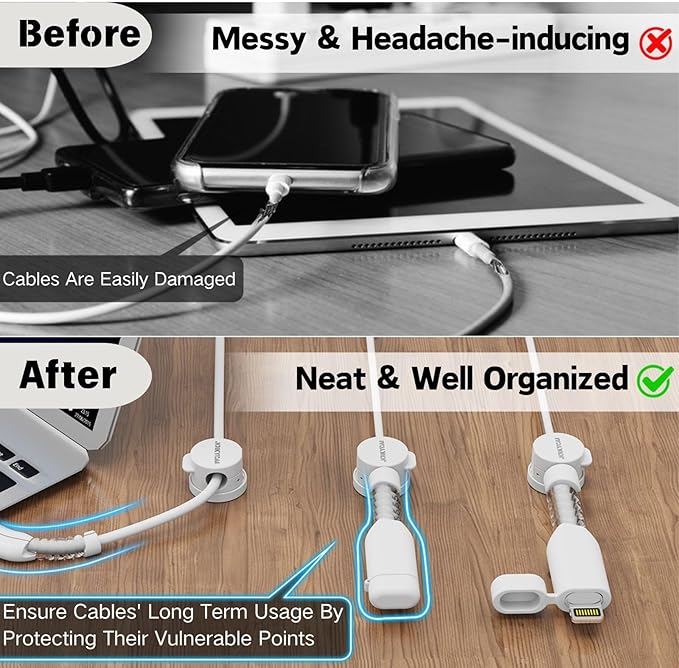 6 Magnetic Spring Cable Clips Desktop Cord Organizer Rotatable Cord Holder 2 Charging Cord Protecors for Nightstand Phone Charger Organizer Computer Desk Cable Management Appliance Adhesive Wire Strap