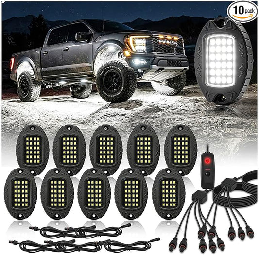 10 Pods Pure White LED Rock Lights, IP68 Waterproof Aluminum 6500K Bright White Underglow Light with Extension Cord Harness,12V Metal Fender Lights for Trucks Jeeps Off Road UTV ATV Car Golf RV Etc