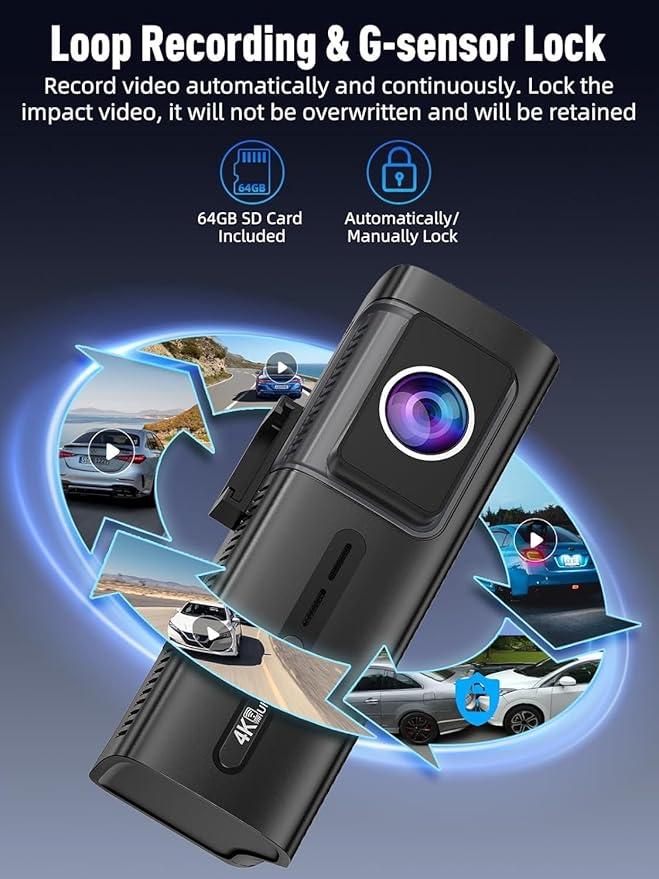 3 Channel 5G WiFi Dash Cam, 4K+1080P+1080P Dash Cam Front and Rear with 64GB Card, Dash Camera for Car with HDR IR Night Vision, G-Sensor, 24/7 Parking Mode, WDR, Support 128GB Max - Gray
