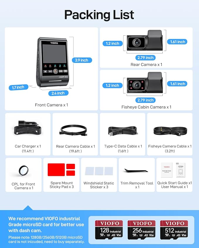 VIOFO A229 Ultra 3 Channel Dash Cam, Dual 4K + 1080P, 210° Fisheye Cabin Car Camera, Triple STARVIS 2 Sensors with Dual 4K HDR, Faster 5GHz Wi-Fi & GPS, Smart Voice Control, Super Night Vision 2.0