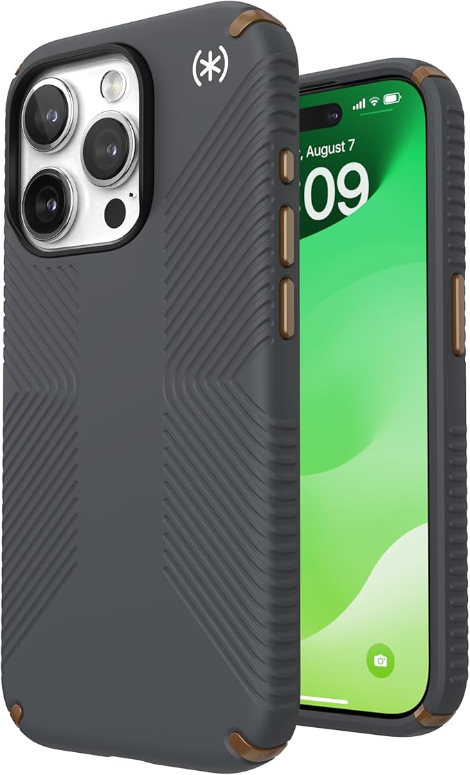 Speck iPhone 15 Pro Case - Drop Protection, Grip - Scratch Resistant, Soft Touch, 6.1 Inch Phone Case - Presidio2 Grip Charcoal Grey/Cool Bronze/White