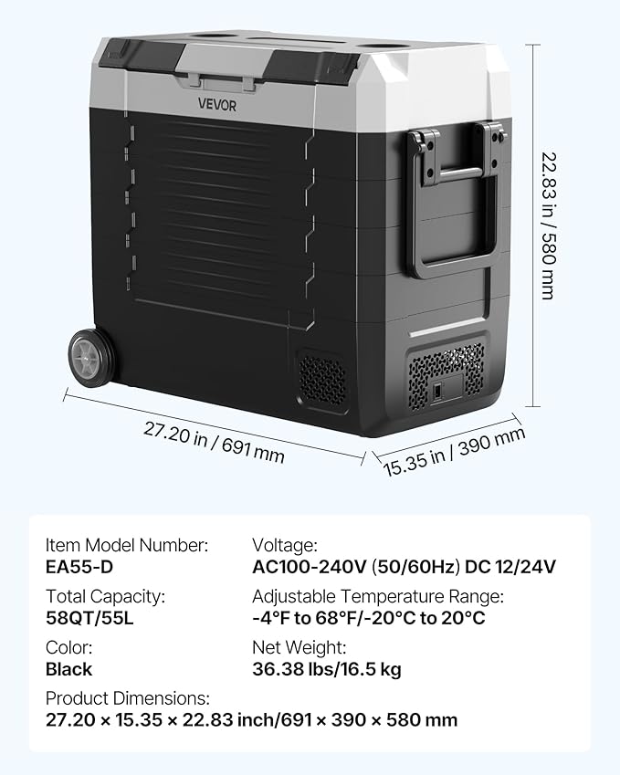 VEVOR Car Refrigerator, DC 12/24V AC100-240V Compressor Electric Cooler, -4°F to 68°F Truck Refrigerator with APP Control, Wheels & Dual Zone, 58 QT Cars Cooler for RVs, Boats, Camping, Fishing