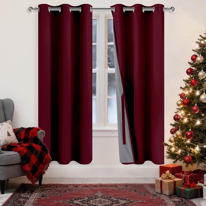 XWZO 100% Blackout Curtain Panels - Thermal Insulated Black Liner Curtains, Noise Reducing and Heat Blocking Drapes for Hall and Studio Windows with Tiebacks, Burgundy, W38 x L72, Set of 2