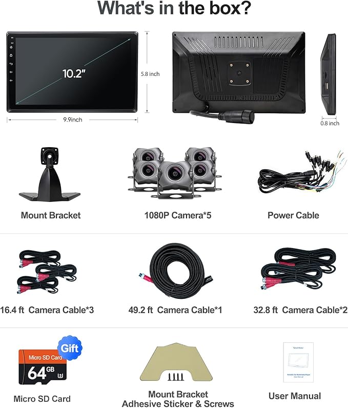 5-Channel 1080P Backup Camera Dash Cam with 10.2'' Monitor,DVR Recording Back Up Camera for RV/Truck/Van/Trailer/SUV Cars, Android.11 Car Raido with Wireless CarPlay/Android Auto/BT/FM/WiFi