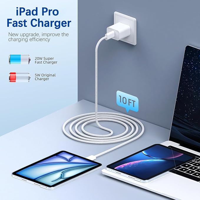 10FT Fast iPad Charger,iPad Charger Fast Charging 2Pack Wall Chargers Plug Adapter Woven Type C USB C to C Cable Cord for iPad Pro 13/12.9/11/,iPad Air 6/5th,i-Pad mini 6/A17 Pro,i-Pad 10/11th(A16)