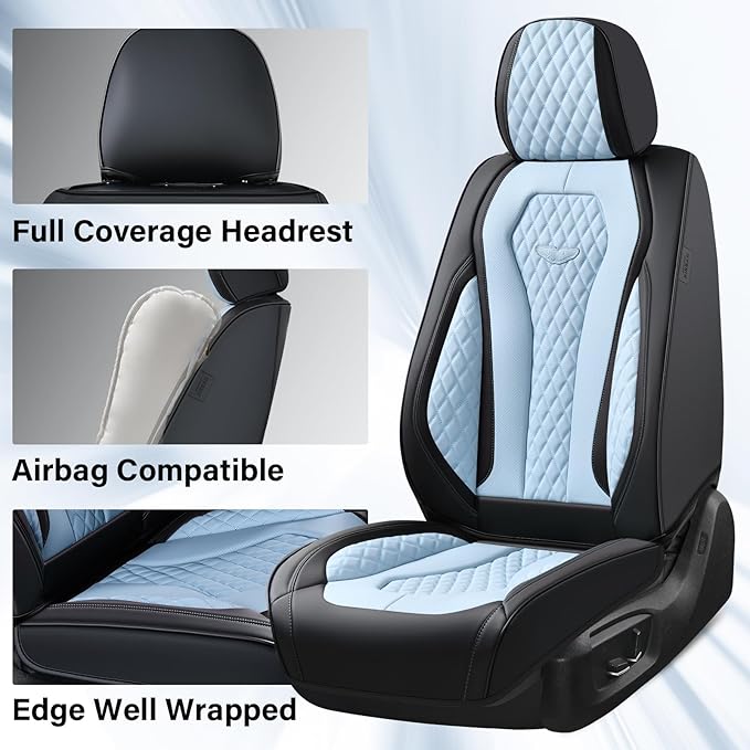 Coverado Auto Seat Covers, Car Seat Covers Full Set, Blue Car Seat Cover, Driver Seat Covers Front Seats Rear Seat Cover, Luxury Car Seat Cushion,Leather Seat Cover Seat Protector Fit for Most Cars