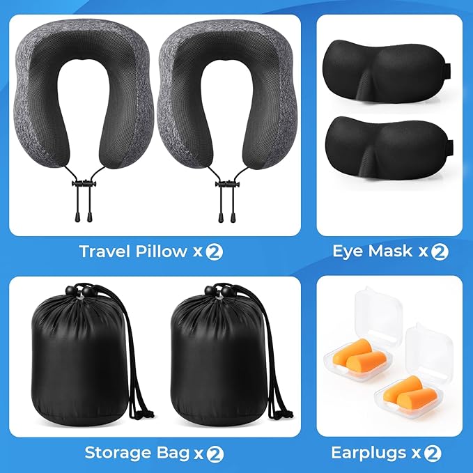 Travel Pillow, 2 Pack Travel Pillows for Sleeping Airplane, Removable Cover Neck Pillow with Adjustable Clasp, Memory Foam Neck Pillow Set (Dark Grey*2)