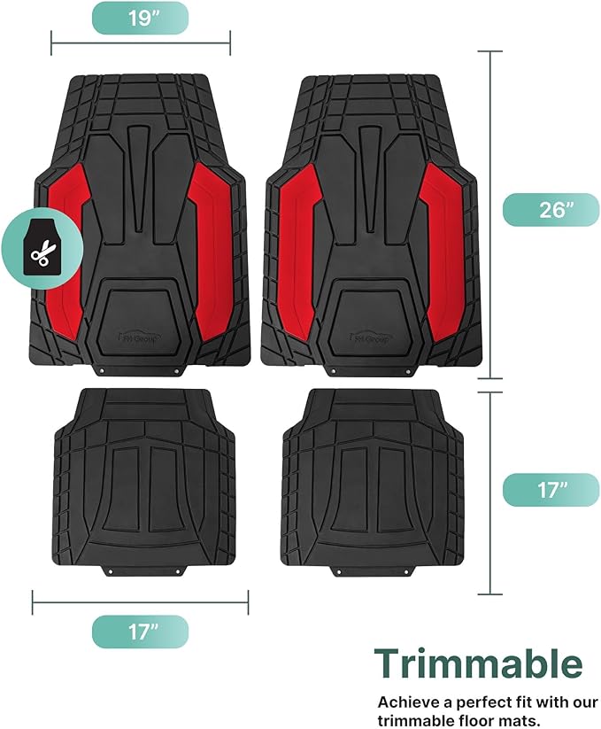 FH Group Automotive Heavy-Duty Rubber Floor Mats, Universal Fit Full Set, Climaproof, Trimmable for Most Sedan, SUV, Truck Floor Mats Red