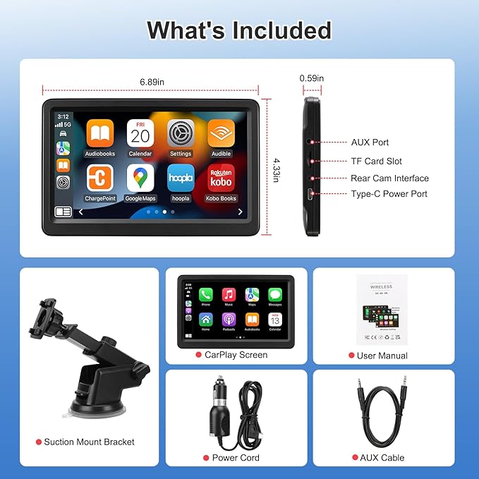 Carplay Screen for Car, 7" Wireless Carplay & Android Auto, Portable HD Touchscreen with Mirror Link, GPS Navigation, Voice Control, Hands-Free Calling, Bluetooth/AUX/FM, Plug & Play Car Play Screen