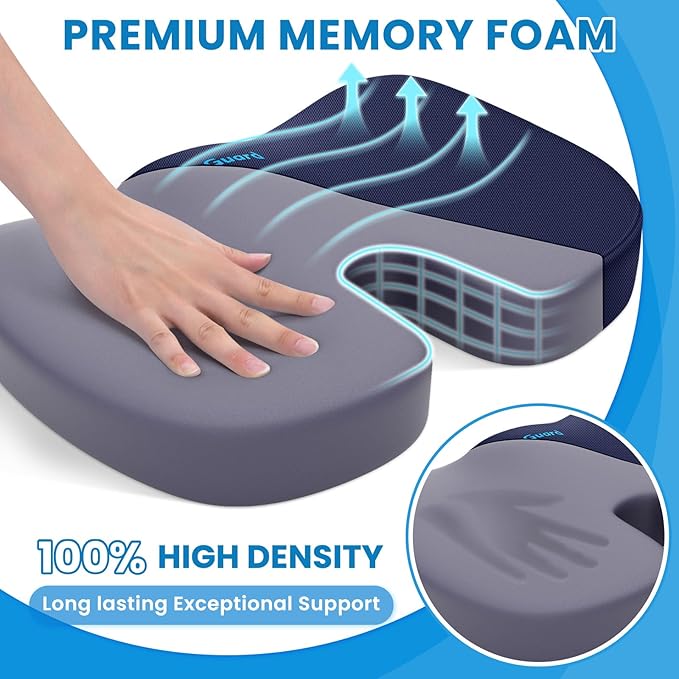 TushGuard Seat Cushion for Office Chair Memory Foam Non-Slip Cushion Back, Relief Chair Pad, Butt Pillow for Office Chair, Car, Computer Desk, Blue
