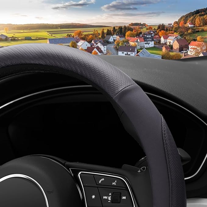 Car Steering Wheel Cover, Soft Microfiber Leather, Breathable Anti-Slip, Universal Fit 15 Inch for Cars, SUVs, Vehicles, Sedans, Trucks, Vans -Black