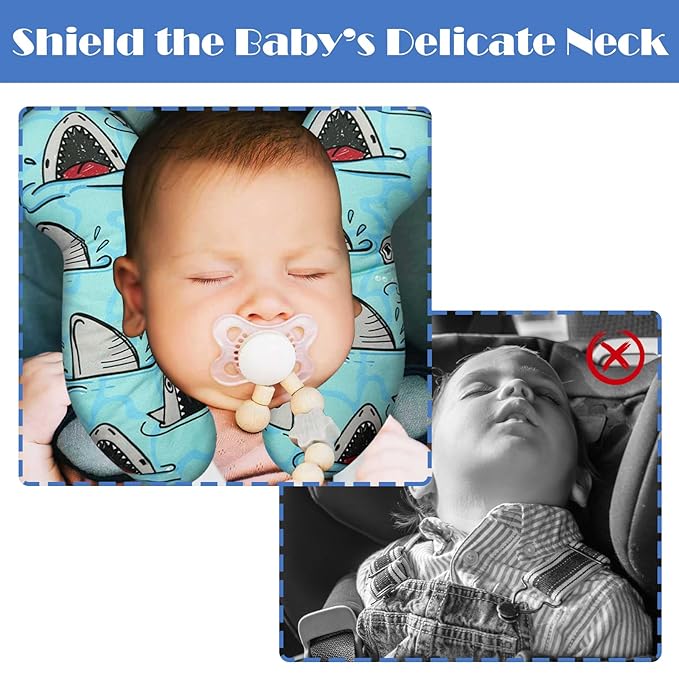 Baby Head Support Pillow for Newborn Toddler, Baby Neck Pillow Upgraded Comfortable Sleep Cushion for Car Plane Stroller Pushchair - Shark B