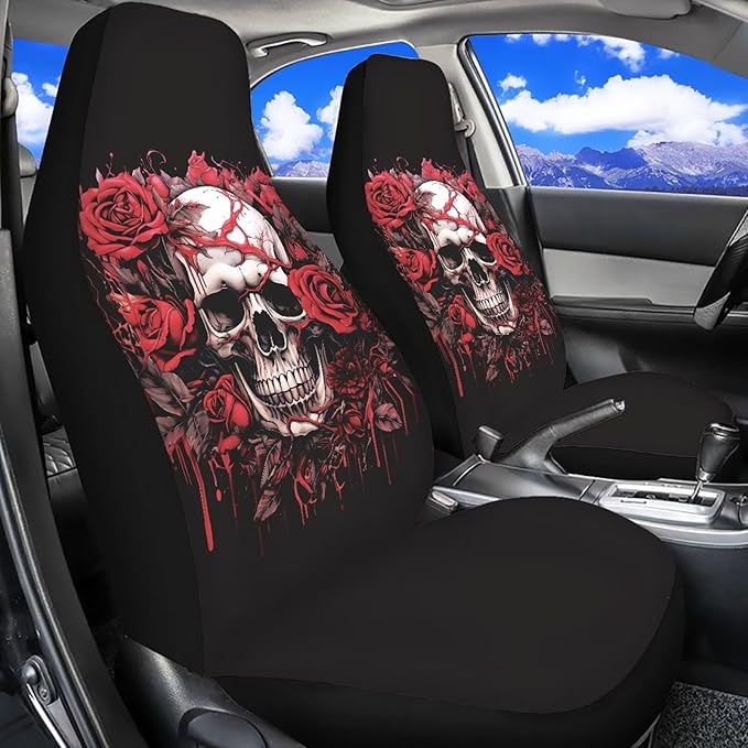 Halloween Skull Rose Car Seat Cover Easy to Install Car Front Seat Protector Breathable Front Seat Cover Anti Slip Universal for Cars Truck SUV Van