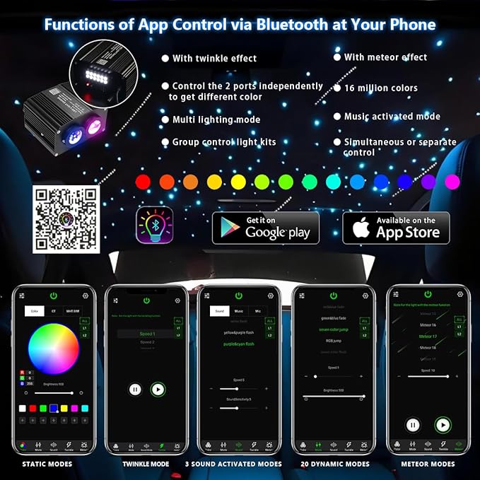 AKEPO 18W Dual Color Twinkle Shooting Star 2-in-1 Fiber Optic Light Engine Replacement, RGBW Bluetooth APP Control + Music Sync Mode + 28-Key Remote Control for Car Home Starlight Headliner