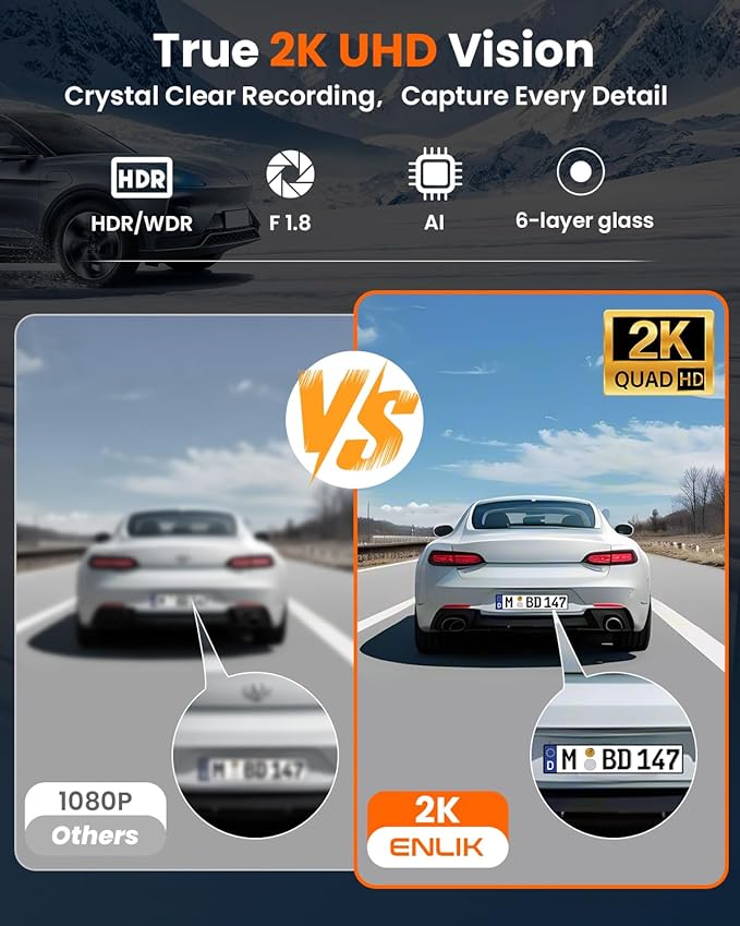 ENLIK Dash Cam Front and Rear 360 Dashcam 4 Channel Car Camera Dash Camera for Cars, QHD 2K+1080P*3 Camara with 128GB Card, 5G WiFi &APP Control, Night Vision/G-Sensor, 168°Wide Angle, Parking Mode