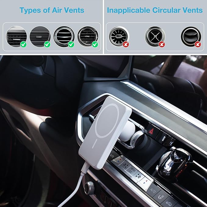 7.5W MagSafe Wireless Car Charger Mount Pro Strong Magnetic Vent Holder for iPhone 15/14/13/12 Series & More, 360° Rotation & Overheat Protection, White