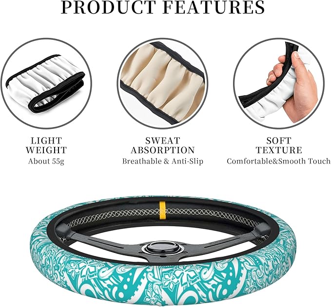 Hawaiian Teal Tribal Turtles Car Steering Wheel Cover for Women Men Stretch Cloth Anti-Slip Wrap Protector Case Fit Universal Auto Accessories Decor Sweat Absorption 14-15 Inch