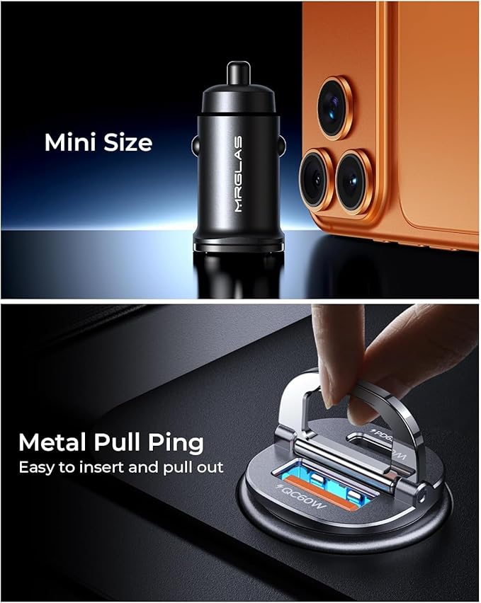【Upgraded】 125W Car Charger USB C Super Fast Charging, [PD65W & QC60W][All Metal] MRGLAS Cigarette Lighter Car Charger, RV Car Electronics Accessories for iPhone 17 Pro Max iPad Samsung S25 Pixel 10