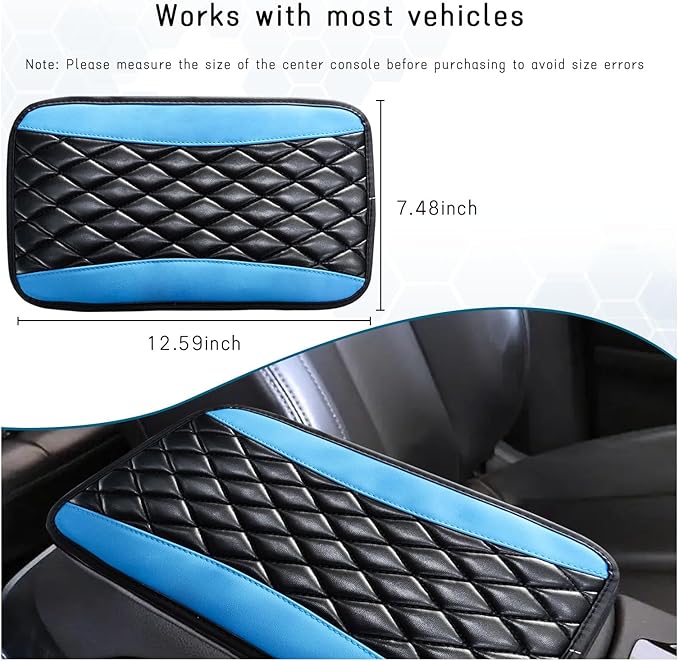 Car Center Console Cushion Pad, Universal Leather Waterproof Armrest Seat Box Cover, Comfortable Auto Armrest Cover Protector, Car Interior Decor Accessories for Most Vehicles (Black & Blue)
