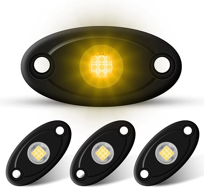 4Pods LED Rock Lights Amber Yellow LED Neon Underglow Light for Car Truck ATV UTV SUV Boat Underbody Glow Trail Rig Lamp