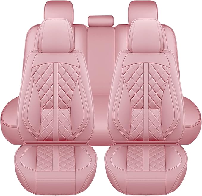 otoez Pink Car Seat Covers Full Set, Leather Seat Cover 5 Seat Waterproof & Breathable Automotive Seat Cushion Protector Full Coverage for Cars Sedens, Trucks, SUVs, Vans (Pink)