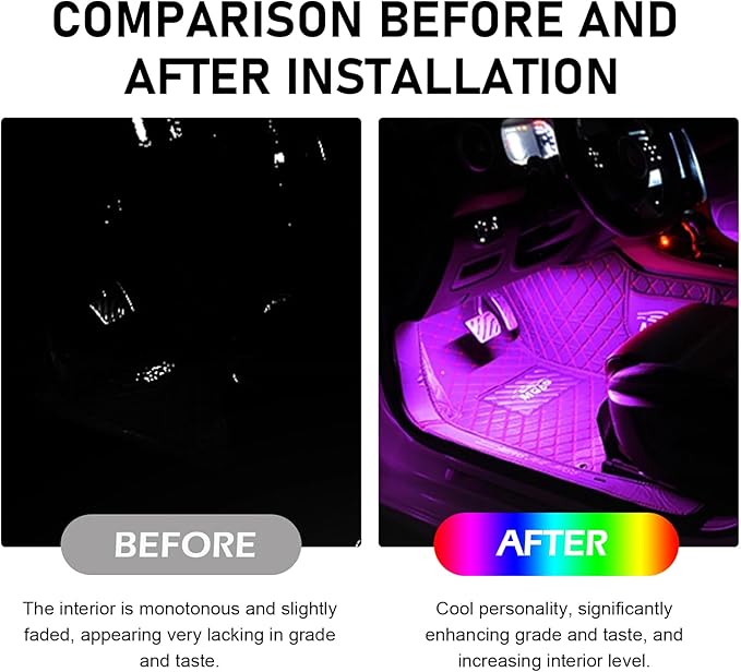 Car Interior LED Lights, RGB Interior Light Strips with Smart App Control, Multicolor Accent Neon Lights, Music Sync Under Dash Footwell Neon Lighting Kit
