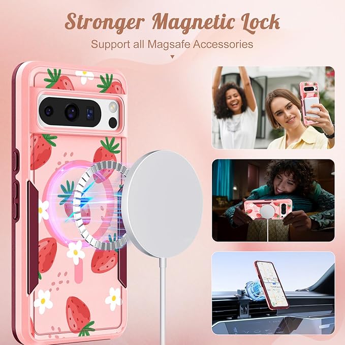 for Google Pixel 8 Pro Case - Compatible with MagSafe Women Girls Cute Magnetic Protective Cover Girly Kawaii Strawberry Heavy Duty Shockproof Design for Google Pixel 8 Pro Phone Cases