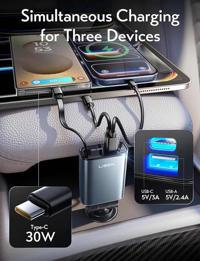 LISEN Car Charger USB C Fast Charge, [Single-Port] Retractable Car Charger USB C for Car Accessories for Women Men Phone Type C Charging for iPhone 17 Pro Max 16 15 Samsung S26 S25, MacBook Neo