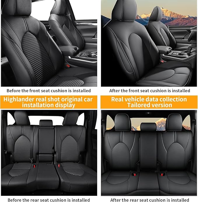 AOMSAZTO Custom Fit Car Seat Covers for Toyota Highlander 2020 2021 2022 2023 2024 2025 2026 - (Three-Rows 7 Seats,Second Row Captain Chair) Faux Leather Black