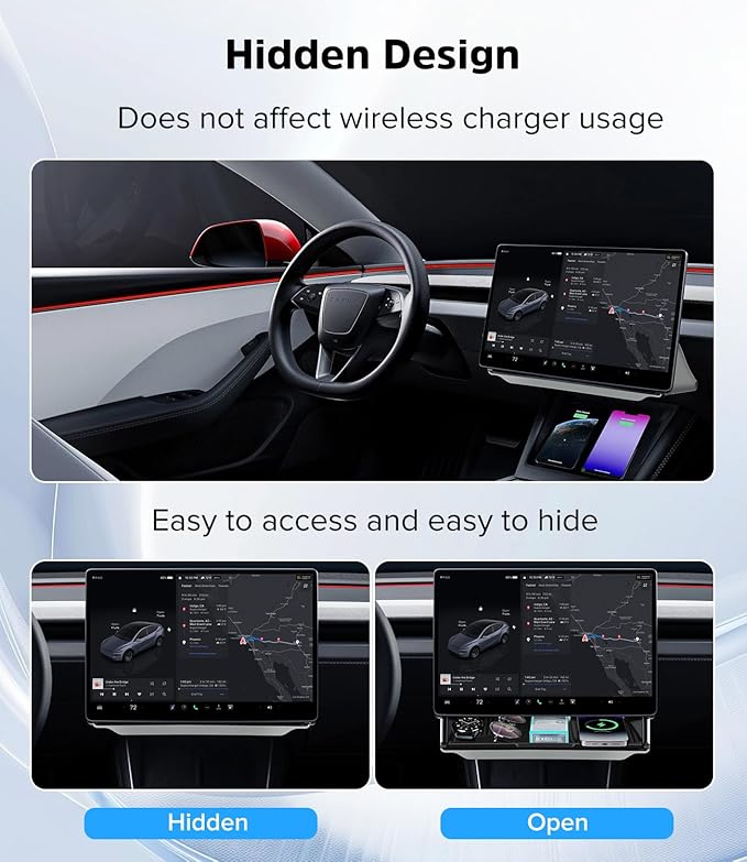 Hidden Under Screen Storage Box for 2016-2026 Tesla Model 3/Y & Model 3 Highland with Silicone Anti-Slip Mat Easy Install Hidden Design Center Console Organizer Tray