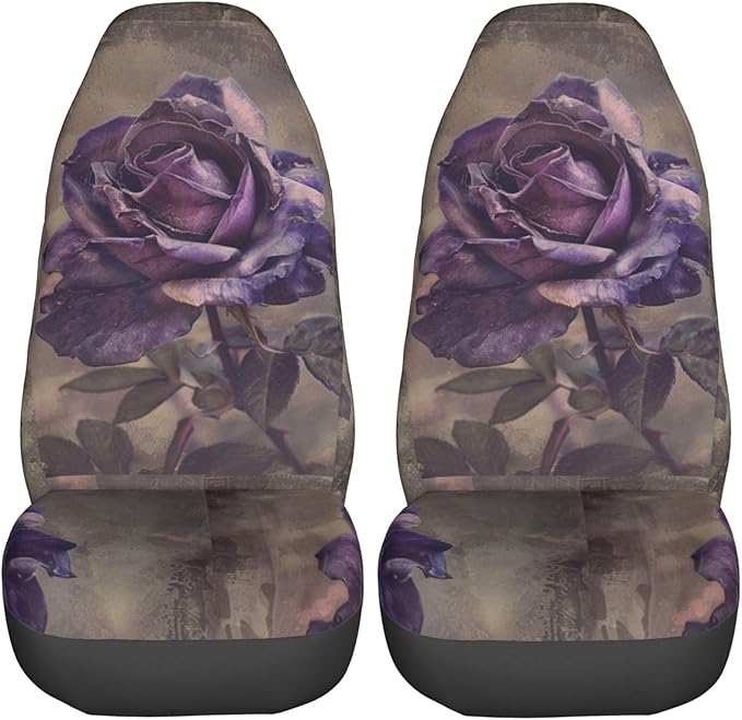 Delerain Car Seat Covers Set 2Pcs, Purple Rose Vintage Universal Front Car Seats Vehicle Enterior Protector Suitable Fits Most Car Auto SUV Sedan Truck