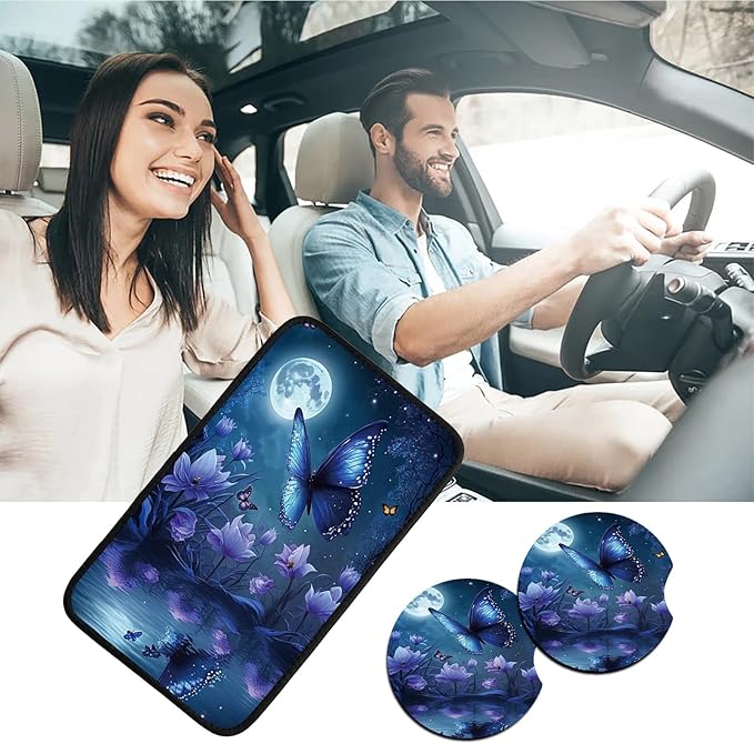 Car Armrest Cover Pads Universal Fashion Cute Auto Center Console Armrest Cover Pad with 2PCS Car Coasters Soft Waterproof Car Armrest Seat Protector for Women Girls, Blue Butterfly