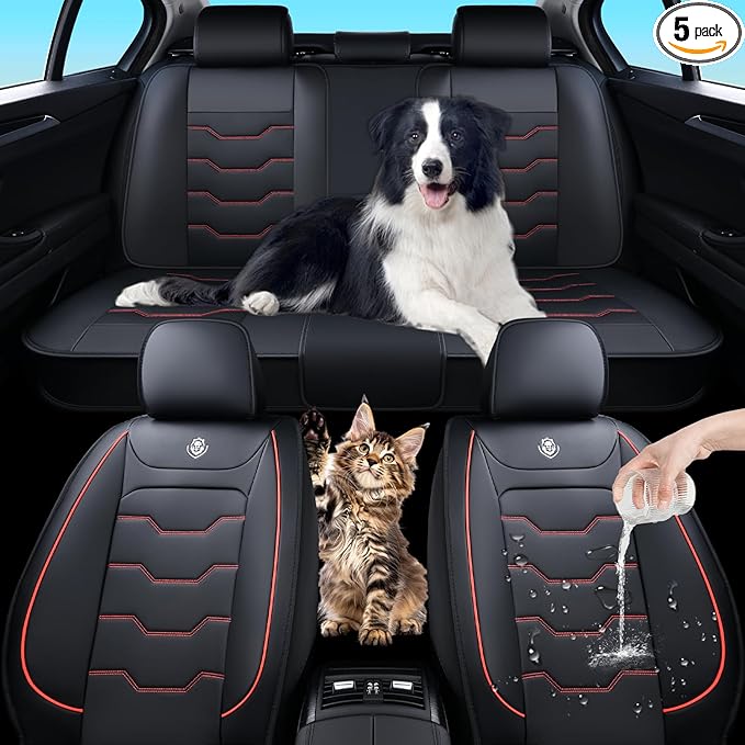 Car Seat Cover Full Set Sets, Universal Car Seat Covers for Cars, Premium Waterproof Leather, Protect & Upgrade Car Interior, Compatible with Airbags, Easy to Install & Clean Up