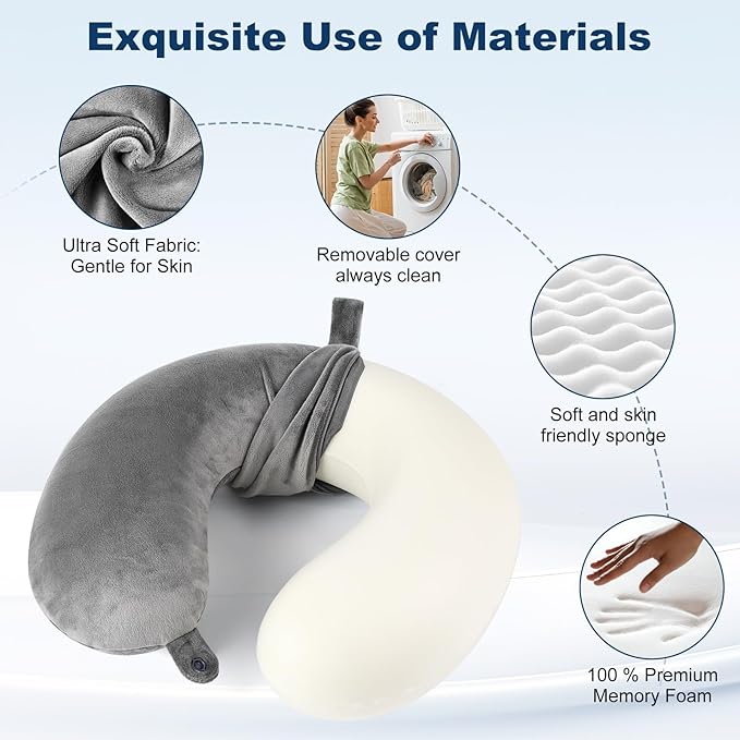 Travel Pillow 100% Pure Comfortable U Shape Memory Foam Pillows Neck and Head Support Portable Travel Neck Pillow Suitable for Planes Airplane for Traveling,Train,Self-Drivingng Car,(Grey)