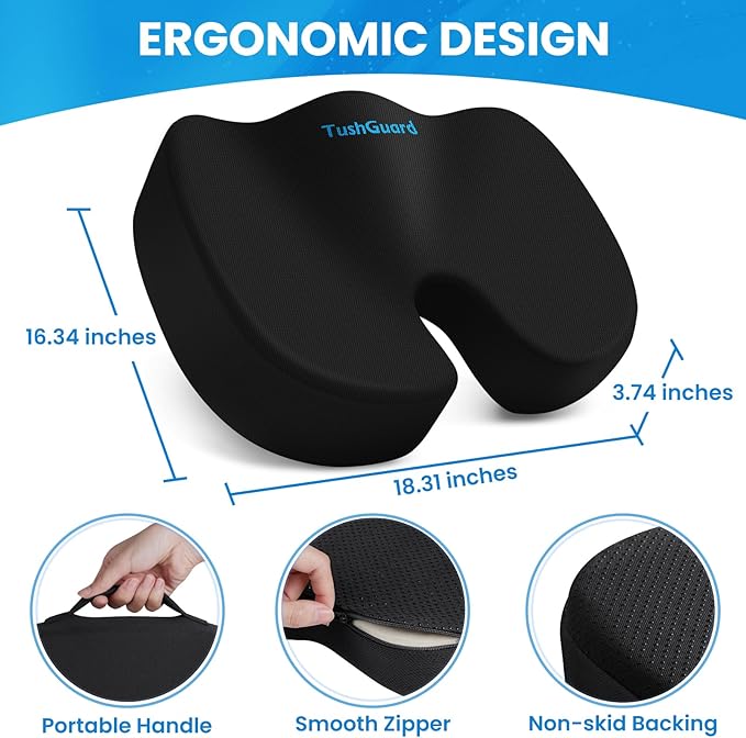 TushGuard Seat Cushion for Office Chair Memory Foam Non-Slip Cushion Back, Relief Chair Pad, Butt Pillow for Office, Car, Computer Desk, Black, X-Large