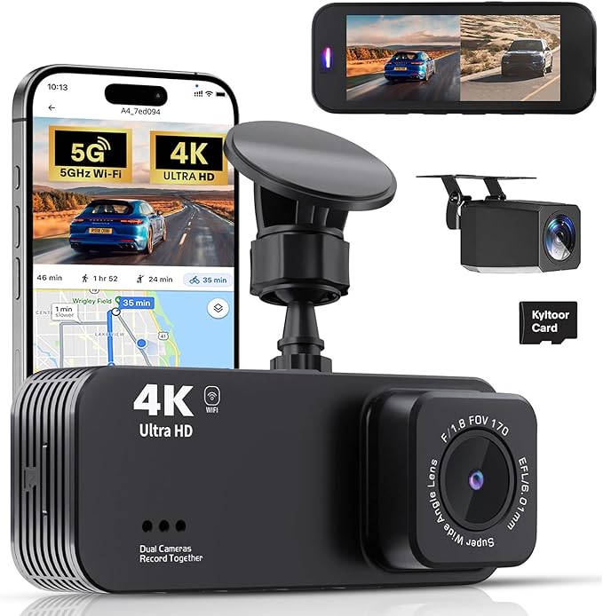 Dash Cam Front and Rear, 4K+1080P Dual Dash Camera for Cars with 5G WiFi, Built-in High-Capacity Storage, Night Vision, G-Sensor, 24H Parking Mode