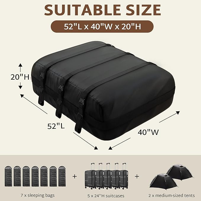 iBirdie Roof Rack Cargo Carrier 24.1 Cubic Feet, Soft-Shell Rooftop Cargo Box, Waterproof Heavy Duty 1200D for Car with/Without Roof Rack, Includes Anti-Slip Mat, Door Hooks, 52x40x20 inches