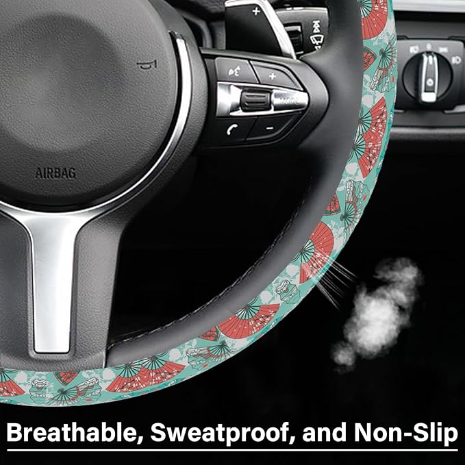 Green and Red Fan Steering Wheel Cover, Cute Print Steering Wheel Cover Protector, Ultra Thin Breathable Non-Slip, Car Accessories for Women, for Steering Wheel with a Diameter of 14.5"-15"