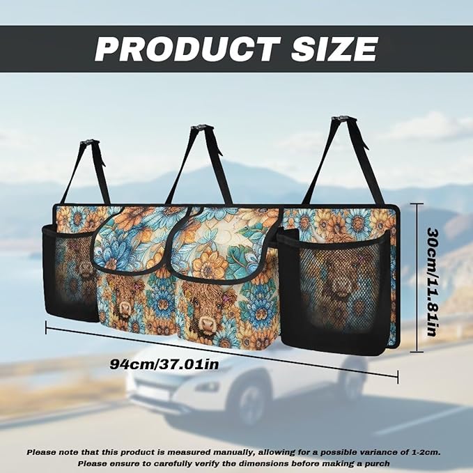 Hippie Floral Highland Cow Trunk Organizer Car Women Large Capacity Car Back Seat Organizer Car Organization with Lid