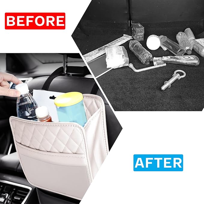 Car Seat Organizer Backseat with Storage Pockets, PU Leather Vehicle Backseat Hanging Storage Pocket, Multipurpose Automotive Travel Essentials Accessories, Universal for Most Cars (Beige)