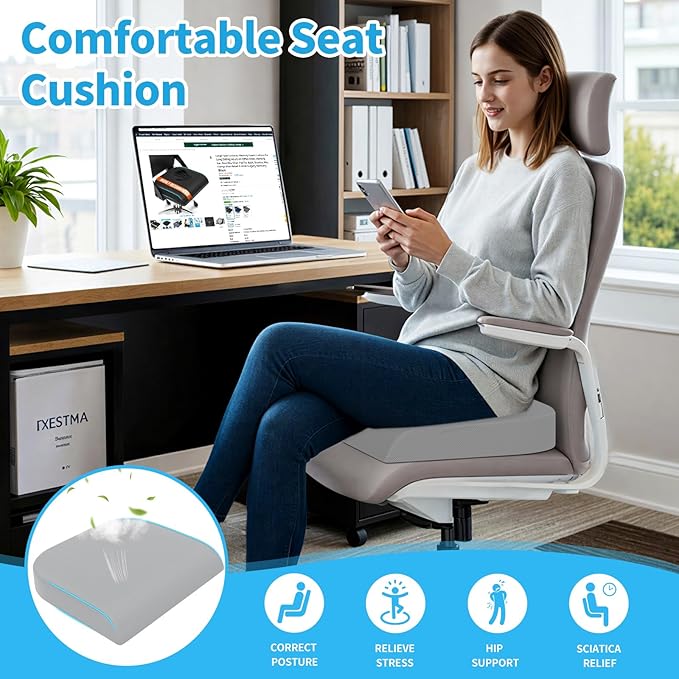 XLarge Seat Cushion, Memory Foam Cushion for Long Sitting Hours on Office Chair, Home & Car, Non-Slip Chair Pad for Relieving Back & Sciatica & Hip & Coccyx Pain (Light Grey)