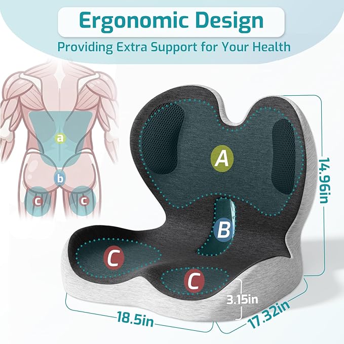Ergonomic Seat Cushion,Office Chair Cushion with Lumbar Support Pillow,Car Orthopedic Seat Cushions,Designed for Sciatica,Tailbone,Back Pain Relief,for Office,Car,Truck,Home,Desk Chair