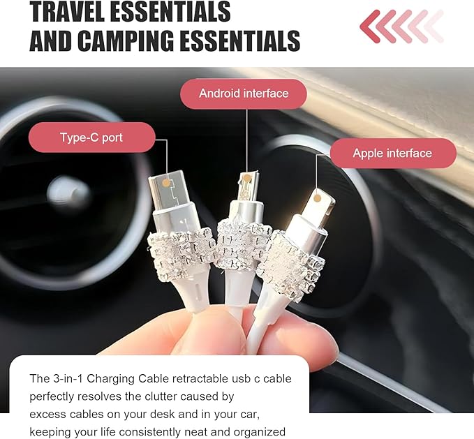 Multi Charging Cable, 3 in 1 Multi Charger Cable with Type-C/Lightning/Micro USB Connectors, Rhinestone Retractable Car Charger Cord, Universal for Most Phones, Tablets (White)