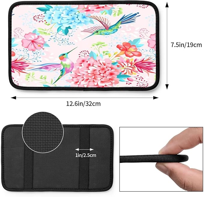 Hummingbird Floral Car Handrail Box Cushion Armrest Cover Auto Center Console Pad Car Decor 12.6X7.5 in