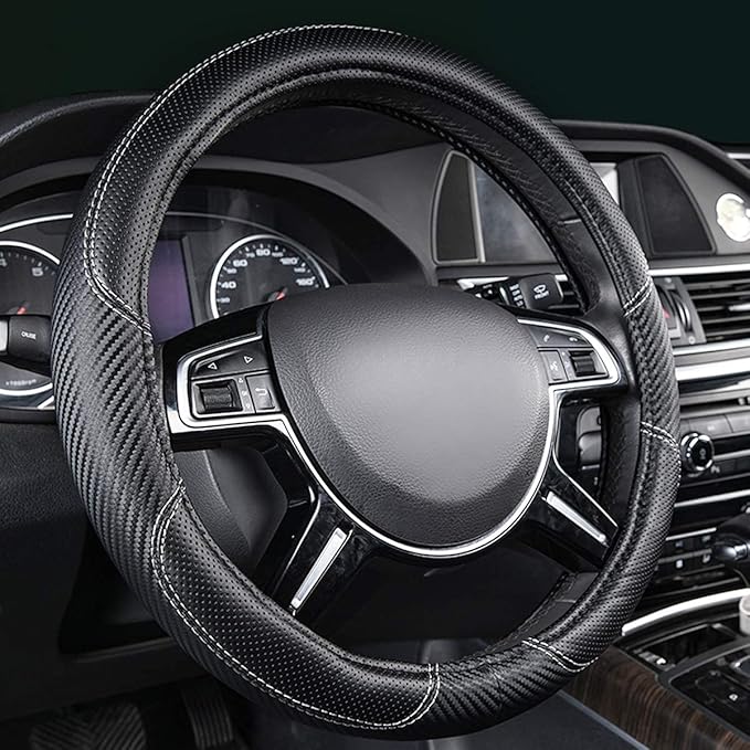 CAR-GRAND Carbon Fiber Steering Wheel Cover, Premium Breathable Leather Sporty Wheel Protection Interior Accessories Standard Size[14" 1/2-15"] Unviersal Fit for Truck SUV Sedans Vans, Black Leather