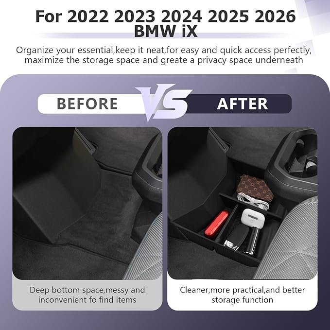 LUWU 2025 2026 B MW iX Lower Center Console Organizer for 2022-2026 iX xDrive45 xDrive60 M70 Accessories Armrest Console Storage Box Armrest Organizer Insert Tray Glove Organizer Tray TPE Material