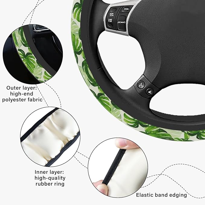 Green Palm Leaves Steering Wheel Cover, Cute Print Steering Wheel Cover Protector, Ultra Thin Breathable Non-Slip, Car Accessories for Women, for Steering Wheel with a Diameter of 14.5"-15"