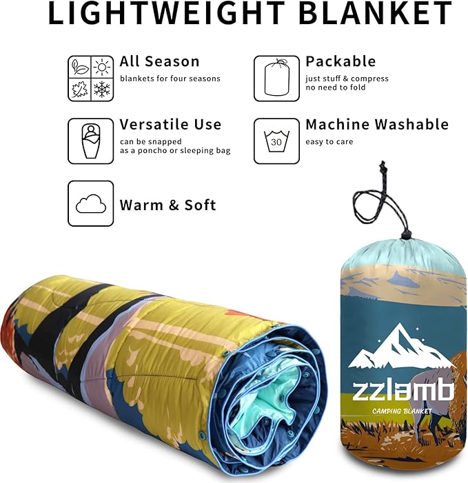zzlamb Camping Blanket for Cold Weather,Outdoor Puffy Blanket Portable Down Alternative,Windproof Warm Cloak with Snaps,Cozy Quilt Backpacking Picnic RV Travel Plane Car Hammock Beach Climbing