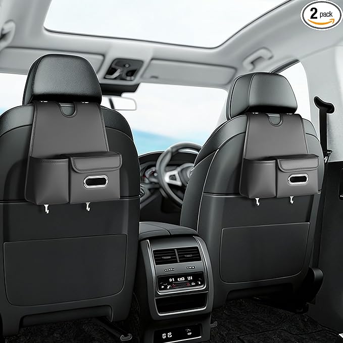 Car Organizer Back Seat, Car Water Cup Travel Tissue Holder Organization Universal car seat Back Storage Sedan SUV Compatible Vehicle Interior Accessories Hand-Sewn car Leather Storage Bag 2pc